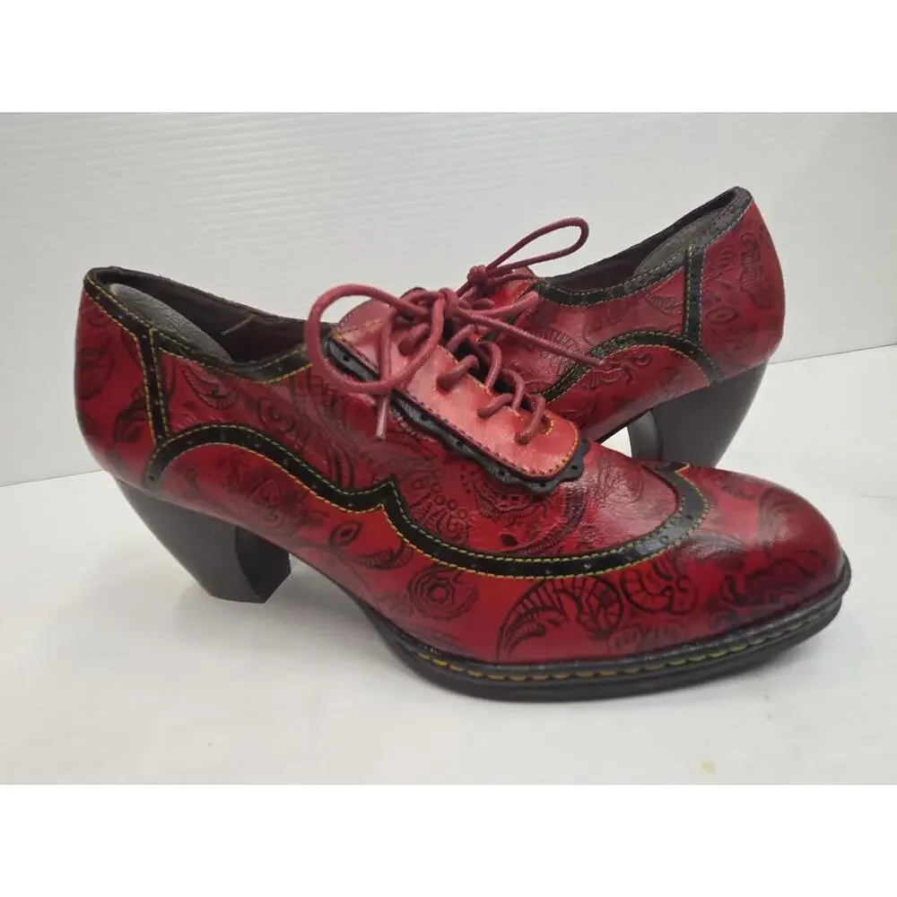 Red Paisley Heel Shoes Womens Size 39 US 8 Lace Up Leather Print Vintage Style - Picture 5 of 13